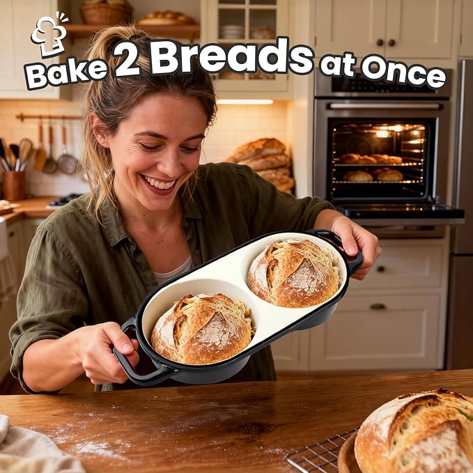 YONILL Mini Double Dutch Oven with Lid for Sourdough Bread Baking (Black) | Enameled Cast Iron Pot with Lid, 5" Banneton Bread Proofing Basket Include, Dual Round Bread Loaf Pan for Homemade Baking