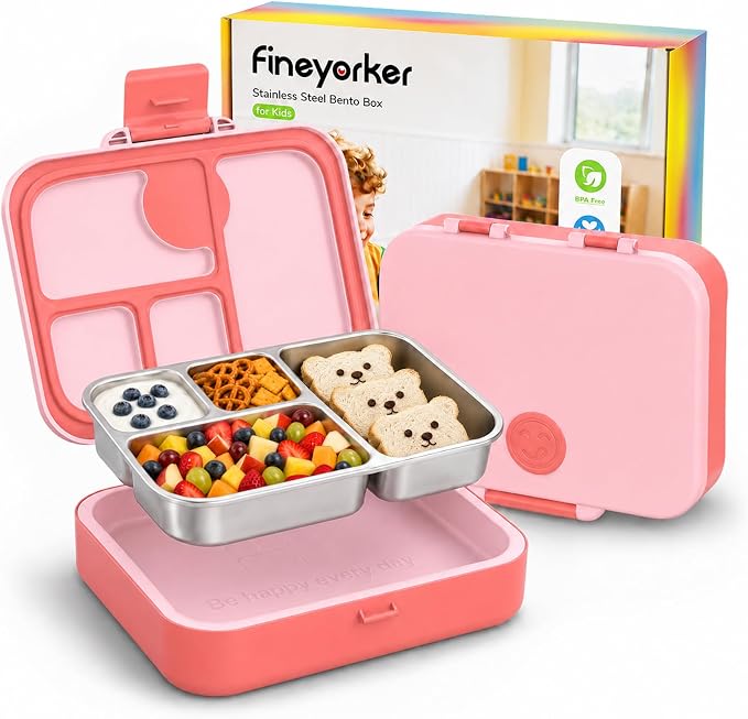 Kids Stainless Steel Bento Lunch Box, 4 Compartments | Leak-Resistant 4 Cups Lunch Container for Ages 4+ with Easy-Open Latch, Removable Seal & Meal Feedback Icon