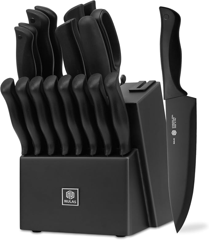19-Piece Kitchen Knife Set with Block and Built-In Sharpener, Black | High-carbon stainless steel blades, nonstick coating, ergonomic handles and dishwasher-safe care