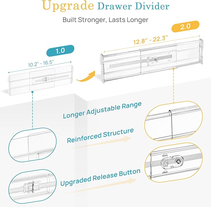 Vtopmart 4" Regular Upgrade Drawer Dividers for Clothes, 12.8"-22.3" 8 Pack | Expandable Dresser Drawer Organizer, Clear Separator, Baby Clothing, Underwear, Cosmetics, Toiletries Storage, Space Saving