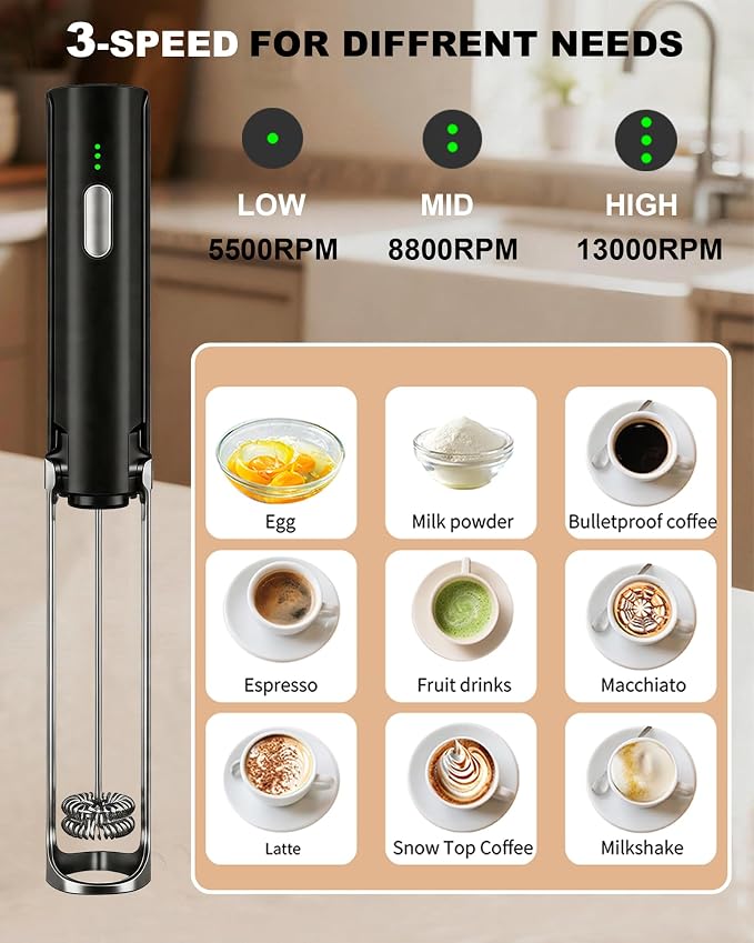 3-Speed Rechargeable Milk Frother Handheld with Stand & 3 Whisks, Dual Coil Whisk Coffee Frother Handheld, Electric Frother Wand for Lattes, Matcha, Hot Chocolate & Eggs, Black