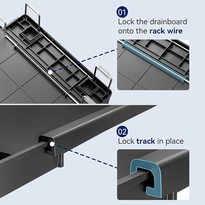 Stainless Steel Dish Drying Rack - Expandable Dish Racks for Kitchen Counter Organizer with Drain Board, Detachable Utensil & Cup Holder, Dish Drainer for Small Kitchen Counter, Black