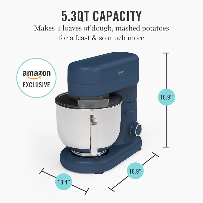 Martha Stewart 5.3QT Tilt Head Stand Mixer, 12 Speeds, Stainless Steel Bowl | Dough Hook, Stainless Whisk, Beater, Removable Splash Shield, Bread, Cake & Whipping, Electric Kitchen Mixer, Indigo Blue