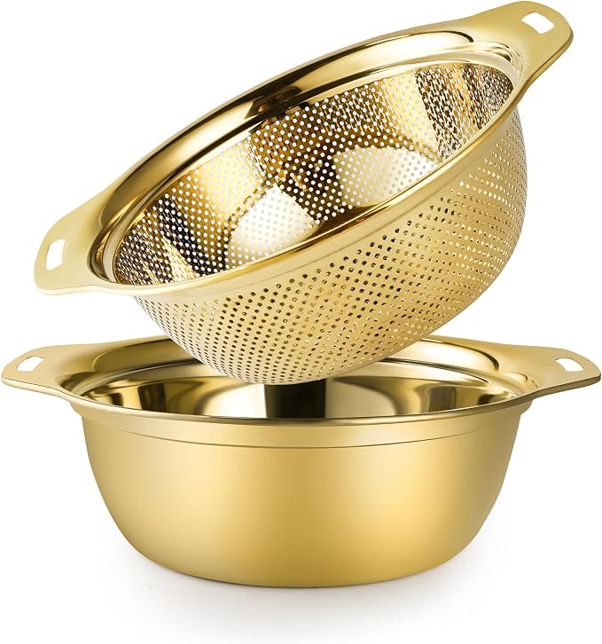 Gulex Colander Stainless Steel 4-quart with Bowls, Strainer Kitchen, Gold