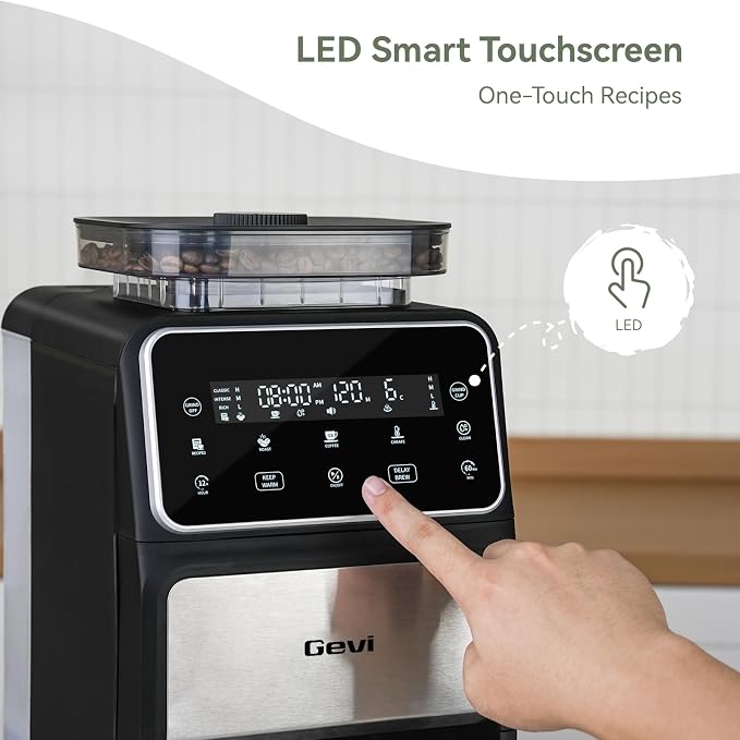 Gevi 10-Cup Grind & Brew Drip Coffee Maker with Built-In Burr Grinder | 24-Hour Programmable Timer, Touch Screen Control, 4-Hour Warm Plate, Permanent Filter with Original Glass Coffee Carafe