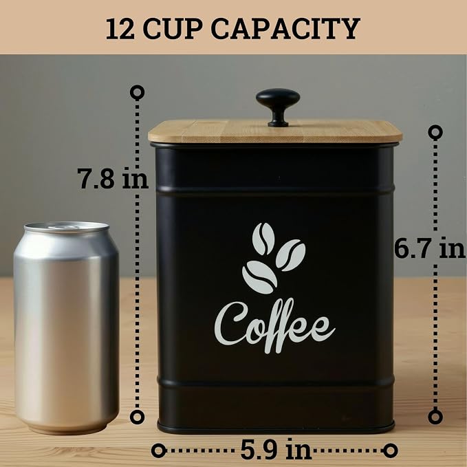 Airtight Coffee Canister 40 oz, 6"x 8" Metal Jar w/ Rubber-Lined Bamboo Lid | 40oz Large Iron, Airtight Coffee Container, Bamboo Lid, Stylish Countertop Container for Coffee Grounds, Beans, Pods & More