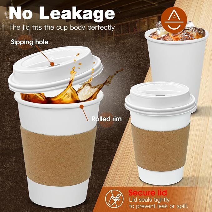 Ginkgo 100 Pack 12 oz Leak-Proof Coffee Cups with Lids and Sleeves | Disposable To Go Hot Travel Paper Cups, Hot Chocolate, Cocoa, Tea , Coffee Bar Accessories