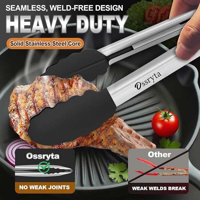 Kitchen Tongs with Silicone Tips - Heat Resistant 600°F Stainless Steel Cooking Tong Set, Non-Stick 7" 9" 12" Locking Silicone Tongs for Cooking, Grilling, Serving & Baking (3-Piece, Black)