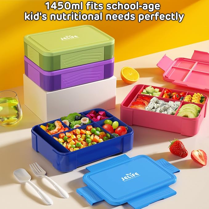 Bento Lunch Box for Kids - 1450ml Leakproof Kids Bento Box 6 Compartments Toddler Lunch boxes with Silverware for Back to School, Reusable LunchBox Snack Container for Daycare