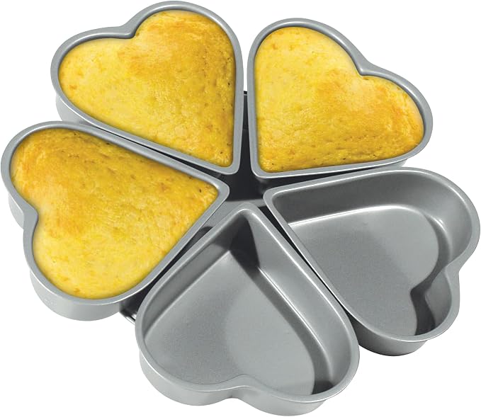 Fox Run Linked Heart Cake Pan, 4-Inch Hearts, Nonstick Heat Shaped Cake Pan | Makes 4 Mini Heart Cakes | Valentine's Day & Date Night Baking Pan | Consistent Results | 4 Inch Heart Shaped Cake Molds