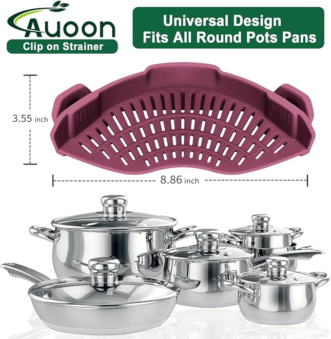 AUOON Clip On Strainer Silicone for Pots, Standard 8.86 x 3.55in, Cherry | Food-grade BPA-free, Fits Pots Pans Bowls, Dishwasher Safe, for Pasta Noodles Vegetable Fruits, Space-saving Kitchen Gadget