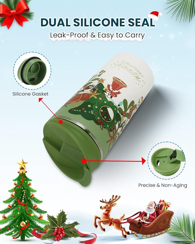 GiNT 17oz Christmas Tea Cup with Infuser and Lid - 4D Gold Foil Pattern (Bells & Holly), 316 Stainless Steel Double Wall Vacuum Insulated Travel Tea Mug, Leak-Free, for Commuting/Camping Gifts