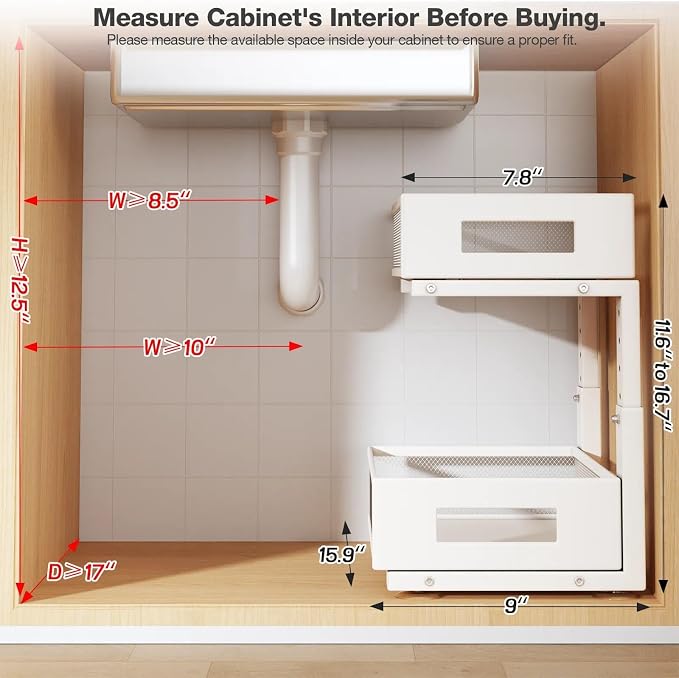 Under Sink Organizer, 2-Tier Dual Pull Out Cabinet Organizer Drawers With Smooth Circular Rail, Large Capacity Metal Mesh Sliding Shelves For Bathroom& Kitchen Storage,Height Adjustable–White,1 Pack