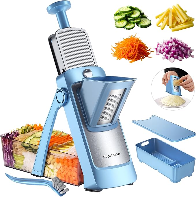 SupMaKin Upgrade Safe Mandoline Slicer,Multi Vegetable Chopper,Potato Slicer, Onion Chopper with Drain Basket Storage Container, Cheese Grater Kitchen Chopping Artifact (BlueGray)