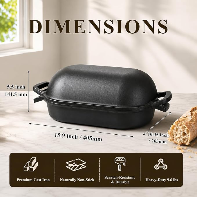 QuliMetal 16"x10" Oval Cast Iron Dutch Oven for Bread Baking, Bread Loaf Pan With Sourdough Bread Making Kit, Pre-Seasoned Bread Dutch Oven With Lid, 9.5QT, 13 LBS Heavy Duty, Homemade Breadmaking
