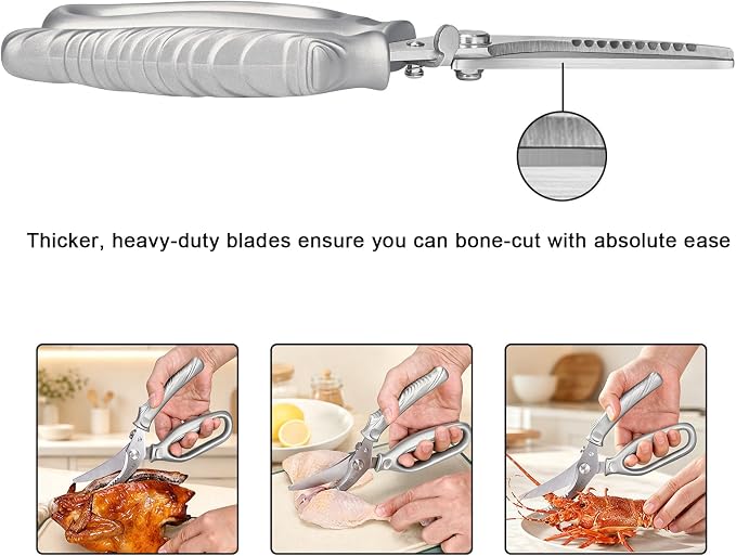 CHEN-KE Rust Resistant Heavy Duty Multipurpose Kitchen Shears-Silver | Stainless Steel Kitchen Scissors, One-Hand, Ergonomic Grip, Sharp Durable Poultry Scissors for Chicken, Meat, Food Cutting