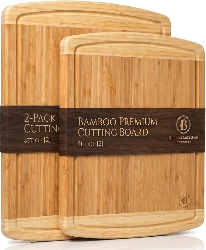 Bamboo Cutting Boards for Kitchen Set of 2 - Large Bamboo Cutting Board 18 x 13 Inch, Non Toxic Wooden Cutting Board with Juice Groove + Handle, Reversible Butcher Block Chopping Boards by Bambusi