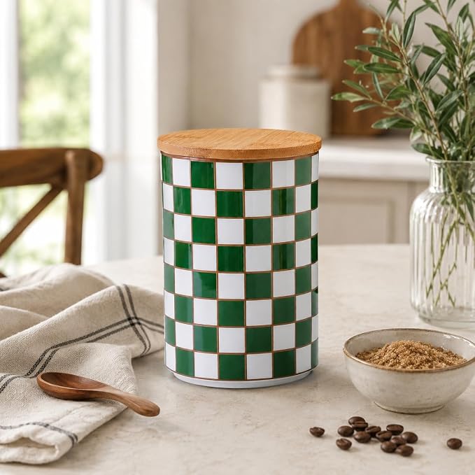 Kitchen Countertop Ceramic Checkered Canisters,Black And White Food Storage Containers With Lid,Airtight Kitchen Canisters for Flour, Sugar, Coffee, Tea, and Dry Goods (Green, XL)