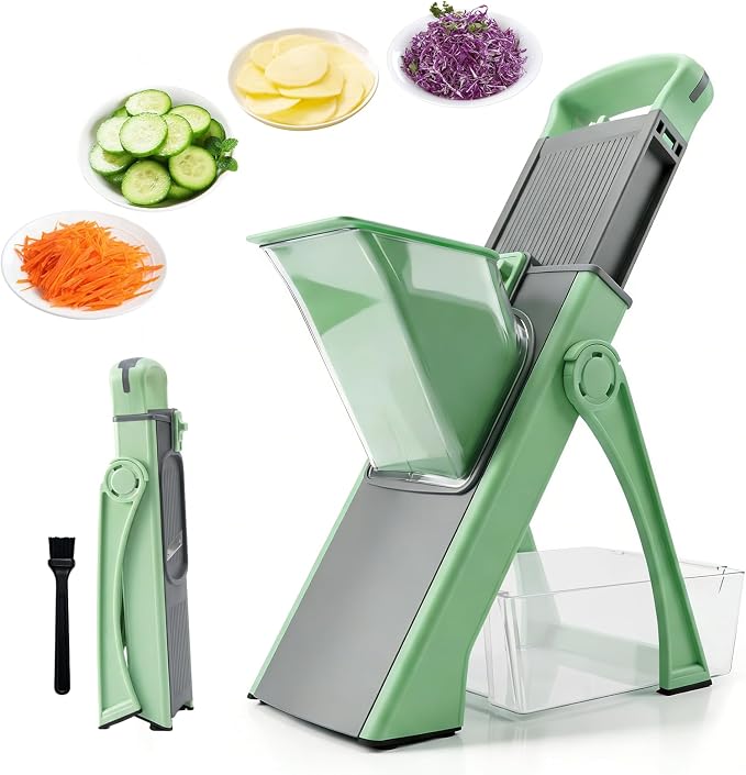 4-in-1 Mandoline Slicer Vegetable Chopper with Adjustable Blades | vegetable slicer with adjustable thickness, julienne, dicer and fry cutter functions, with foldable design and container