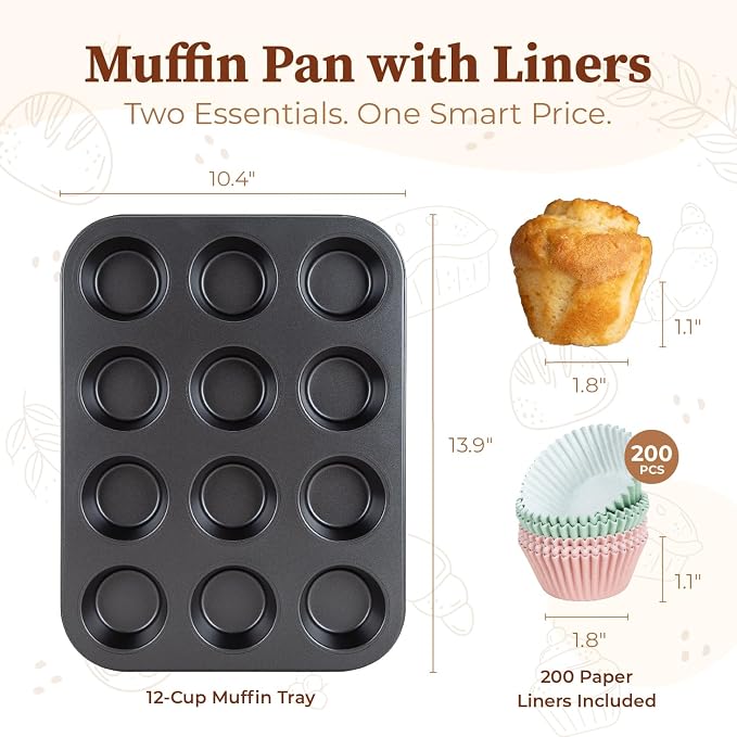 CARTMAN 2-Pack 12-Cup Muffin Pan Set, Carbon Steel Nonstick Cupcake Tin | Includes 200 liners, durable carbon steel, nonstick release, for cupcakes, muffins, egg bites, brownies, oven safe 450°F