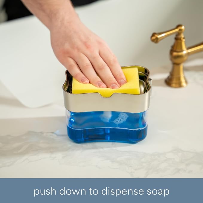 S&T INC. Dish Soap Dispenser and Sponge Holder, Metallic Silver | Holds 13 Fluid Ounces, Sponge Included, Anti-Slid Feet, Push to Dispense Perfect Amount of Dish Soap