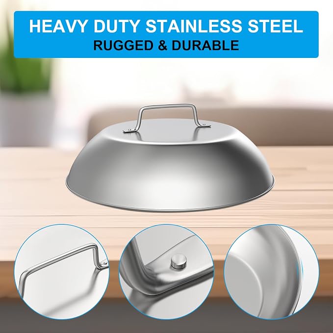 304SS Melting Dome 12" with Wire Rack - Griddle Cover for Flat Top Grills | Fits Blackstone, Camp Chef, Nexgrill. 3-piece set: 1 dome+2 wire rack. Melts cheese fast, steams veggies. Heat-proof handle.