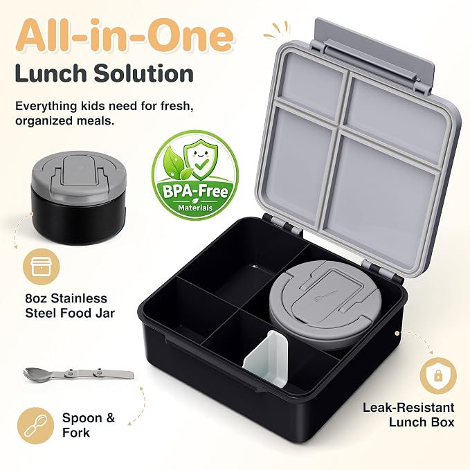 Bento Lunch Box for Kids with 8oz Soup Thermo,Kids Leakproof Lunch Food Containers with 4 Compartment,Kid Insulated Thermo Hot Food Jar for School,Trvael-Black