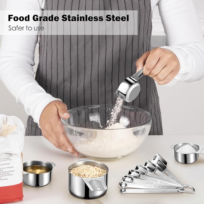 20PCS Measuring Cups and Spoons Set,Stainless Steel,with Leveler | 304 food-grade steel, dual-scale markings, one-piece construction, nesting storage, dishwasher safe, dry & liquid ingredients