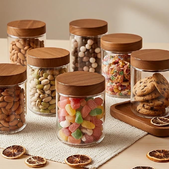 Bumobum 16 oz Overnight Oats Jars with Wood Lids, 12 Pack Chia Pudding Jars | Acacia Wood Lids, Airtight Seal, Easy to Fill, Food Storage Containers for Snacks, Yogurt, Spices, Coffee and Meal Prep