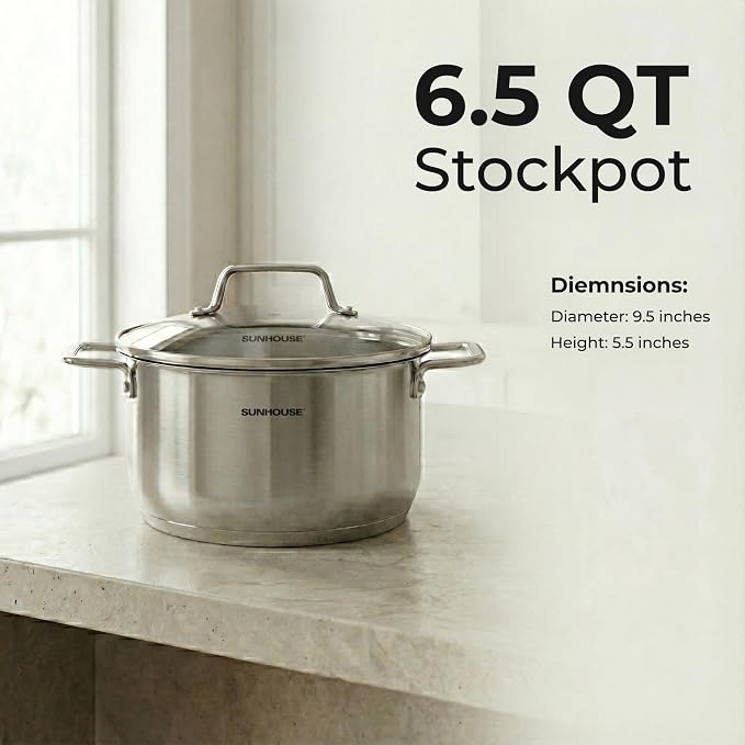 SUNHOUSE 6.5 Quart Stock Pot with Lid, Stainless Steel Pots for Cooking | Ultra thick 5-ply Base 18/10 Heavy Bottom Stainless Steel Pots for Canning, Boiling - Oven Safe & Induction Compatible