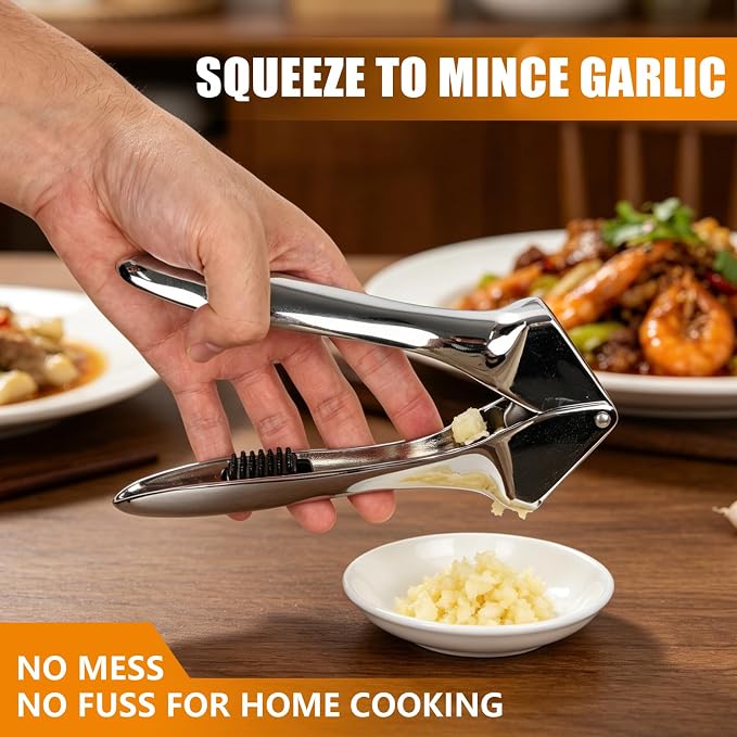 2-in-1 Garlic Press and Slicer – No Peel Garlic Mincer, Rust-Proof Garlic Crusher, Easy Clean Kitchen Gadget for Garlic, Ginger, Nuts