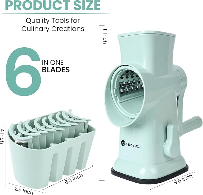 Rotary Cheese Grater with Hand Crank – 6-in-1 Cheese Shredder, 6 Stainless Steel Blades, Reinforced Suction Base, Grater for Cheese, Vegetables, Nuts