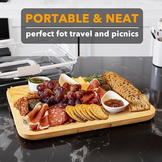 SpaceAid Charcuterie Board with Clear Lid, Portable Travel Cheese Cutting Boards for Picnic Accessories, Bamboo Serving Tray with Lids, House Warming Gifts, White Handles, 1 Compartments