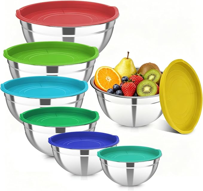 7 Pcs Stainless Steel Mixing Bowls with Colorful Lids Set Metal Salad Bowls | Nesting Design for Kitchen Mixing/preping/Saving, Size: 0.7, 1.1, 1.5, 2.1, 3.5, 4, 4.5Qt