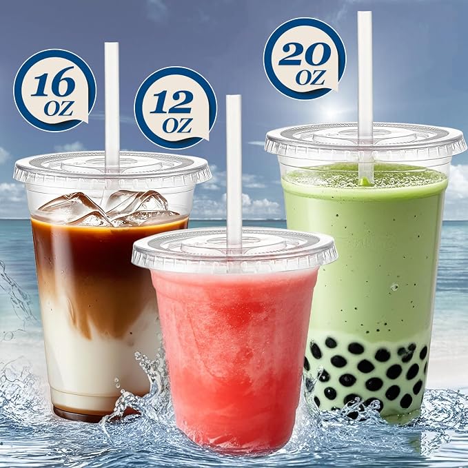Charmount 100 Sets- 20 oz Clear Plastic Cups with Lids and Straws | Disposable To Go Cups for Cold Drinks, Coffee Bar Accessories, Iced Coffee, Smoothies