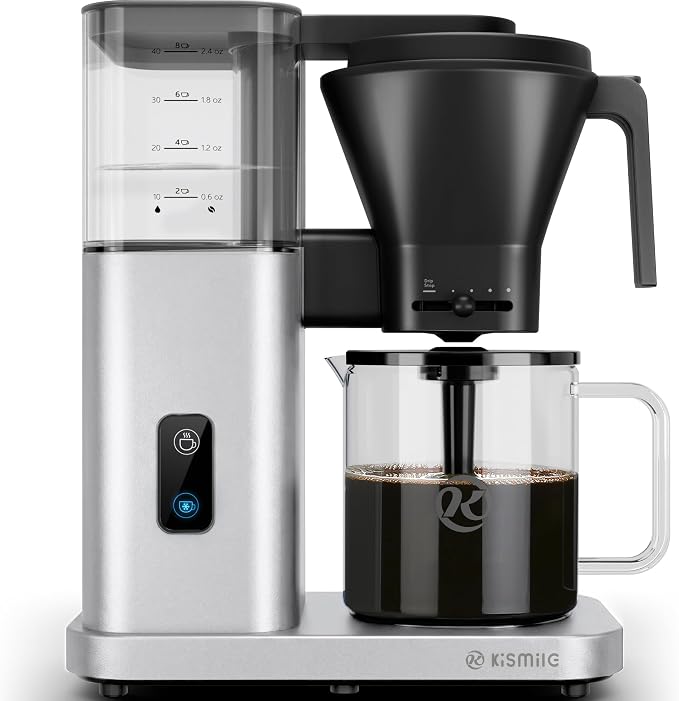 Kismile SCA-Certified 8 Cup Drip Coffee Maker, Pour Over Coffee Machine with 3s Instant Heat 197–205℉, Adjustable Flow Control, Removable Water Tank, Deep Cold Brew & 40 Min Keep Warm (Silver)