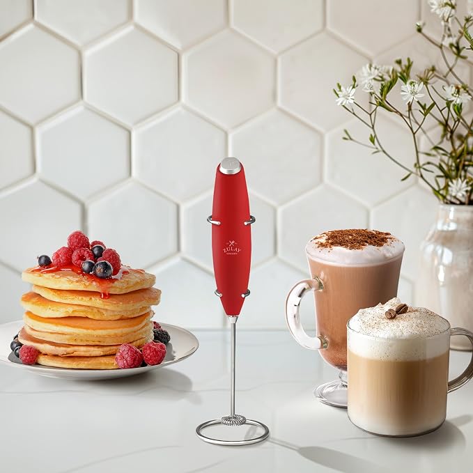 Zulay Kitchen Powerful Milk Frother Wand With Duracell Batteries - Ultra Fast Handheld Drink Mixer - Electric Whisk Foam Maker for Coffee, Lattes, Cappuccino & Matcha - Z1 Motor - Cardinal Red