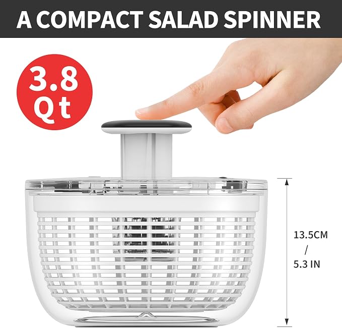 Salad Spinner Small Lettuce Spinner Kitchen Gadgets Vegetable Washer, High Efficiency for Home Kitchen Washing & Drying Leafy Vegetables, One-Handed Handle Easy Press 3.8 Qt White