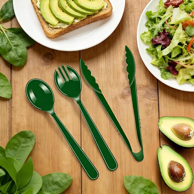 24 Pcs Green Plastic Serving Utensils Set - Heavy Duty Disposable Serving Spoons, Forks & Tongs (8 of Each) - Natural Catering Supplies for Salad Bars, Picnics, Garden Parties & Healthy Themed Events