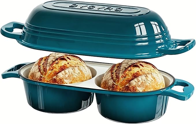 Enameled Cast Iron Double Round Bread Loaf Pot with Lid – 16cm Diameter Mini Dutch Oven for Sourdough Bread Baking, 500°F Oven Safe Non Stick Bread Pan, Double Dutch Oven for Meatloaf, Cake, Even Heating – Emerald