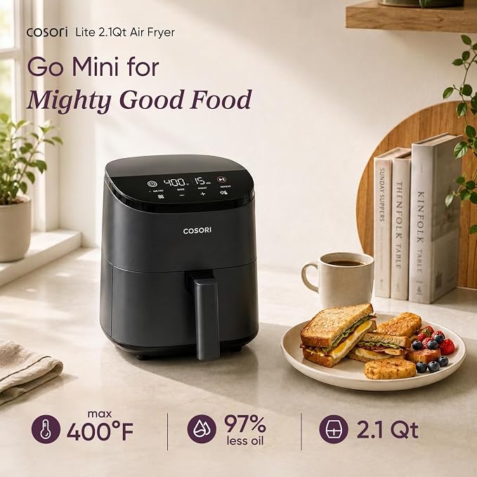 Cosori Lite 2.1 Qt Small Air Fryer, Max 400°F, 4-in-1, 97% less oil, Gray | Ideal for dorms, apartment, RVs, Quiet, Touch control, Air Fry, Bake, Roast, Reheat, Nonstick inner, Dishwasher-Safe Basket