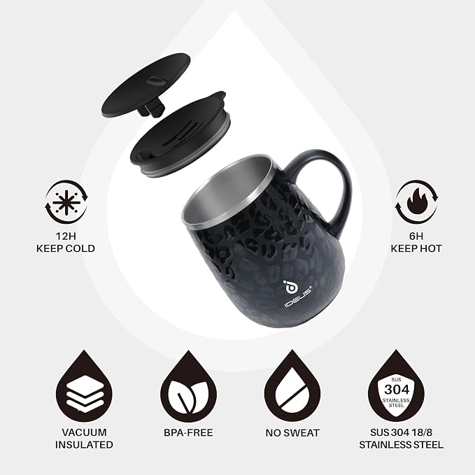 Ideus 16 oz (470 ml) Insulated Coffee Mug with Handle and Lid, Double Wall Stainless Steel Vacuum Thermal Coffee Mug, Travel Coffee Cup Thermal Cup for Home and Office, Leopard Black