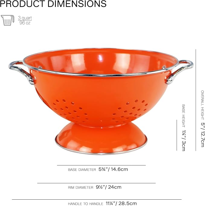 Reston Lloyd, 3 Quart Powder Coated Steel Kitchen Strainer Basket for draining Pasta, Vegetable and Fruit, Chrome Handles and Wide Stable Base, Orange