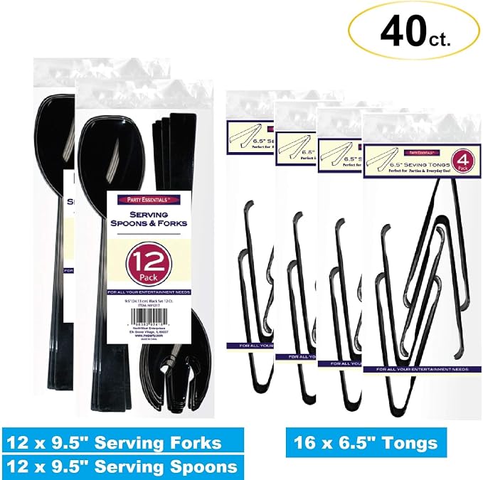 Party Essentials Plastic Party Buffet Serving Utensils Kit, Spoons/Forks/Tongs, 40-Piece, Black