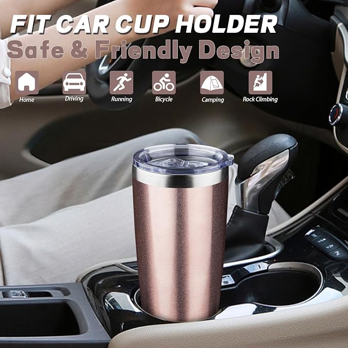 20 oz Tumbler with Lids and Straws, Stainless Steel Insulated Coffee Tumbler, Double Wall Vacuum Insulated Travel Mug Cup, Leakproof Thermal Coffee Cup for Hot and Cold Drinks (Rose Gold)