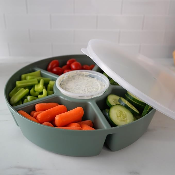TEGRIWARE Divided Serving Tray with Lid, Fruit Tray, Veggie Tray, Snack Tray, Party Platter for Food Storage & Serving, Made in USA (Sage Green Tray/Clear Lid)