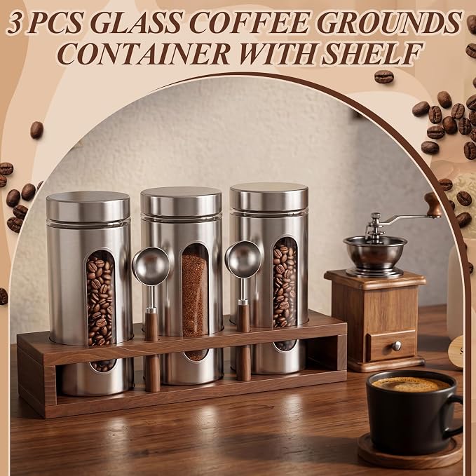 Stainless Steel Coffee Grounds Canisters Container with Shelf | 3 x 50oz, Sugar Coffee Bean Storage Container Set, Airtight Threaded Lid, Glass Window, Scoop, Kitchen Jar for Coffee Bar