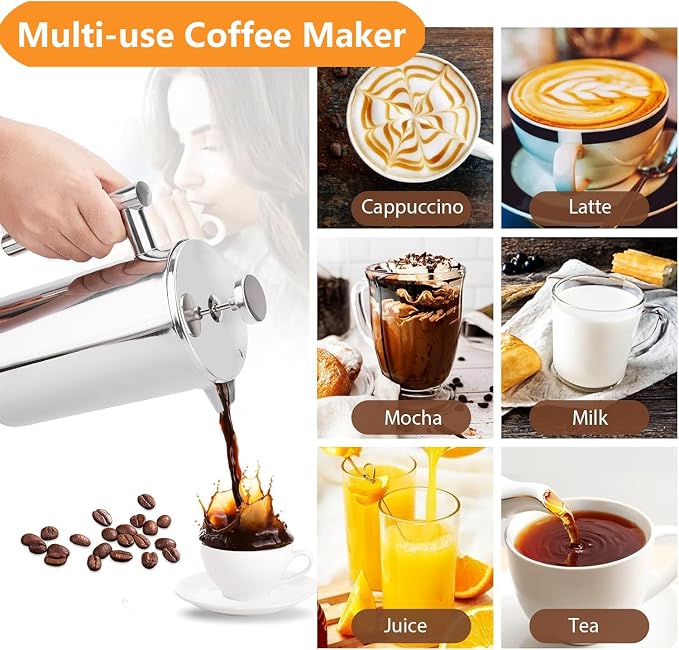 12 oz / 350 ml Stainless Steel French Press Coffee Maker, Double-Wall Insulated Small Coffee Press with 2 Extra Filters and Coffee Spoon, Single Serve French Press for Home, Office and Camping