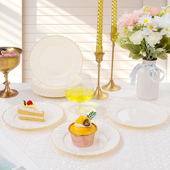 YOUBET 125PCS Ivory Scalloped Plastic Plates for Party Wedding | Cream Scalloped Disposable Plates - Gold Plastic Dinnerware Set Include 50 Plates, 75 Gold Silverware
