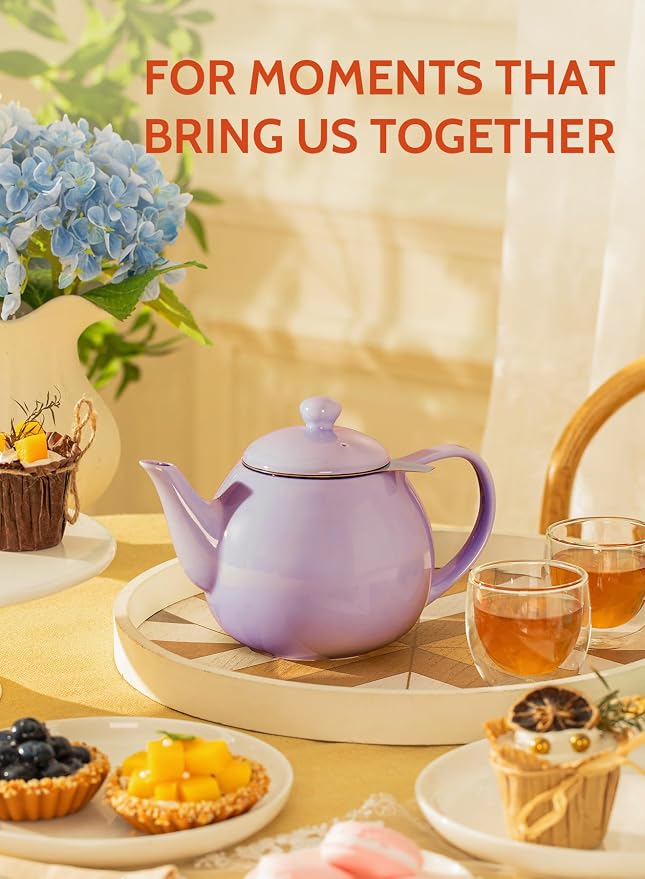Sweese Teapots for Tea, 27 oz Porcelain Tea pot with Removable Stainless Steel Infuser, Tea Pots for Loose Tea - Purple